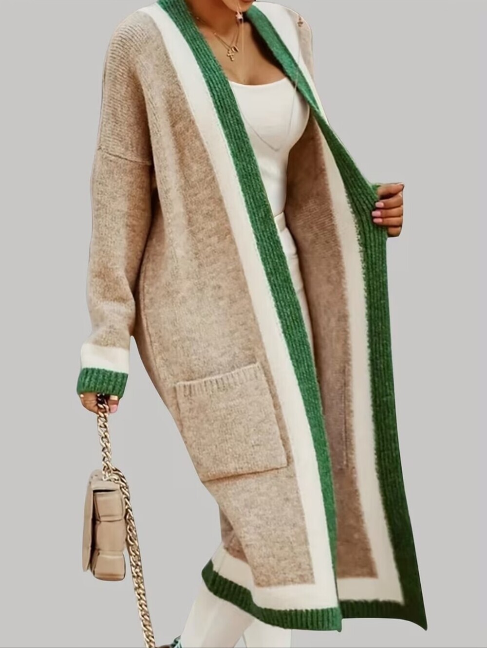 Cozy Colorblock Open-Front Knit Cardigan - Beige & Green